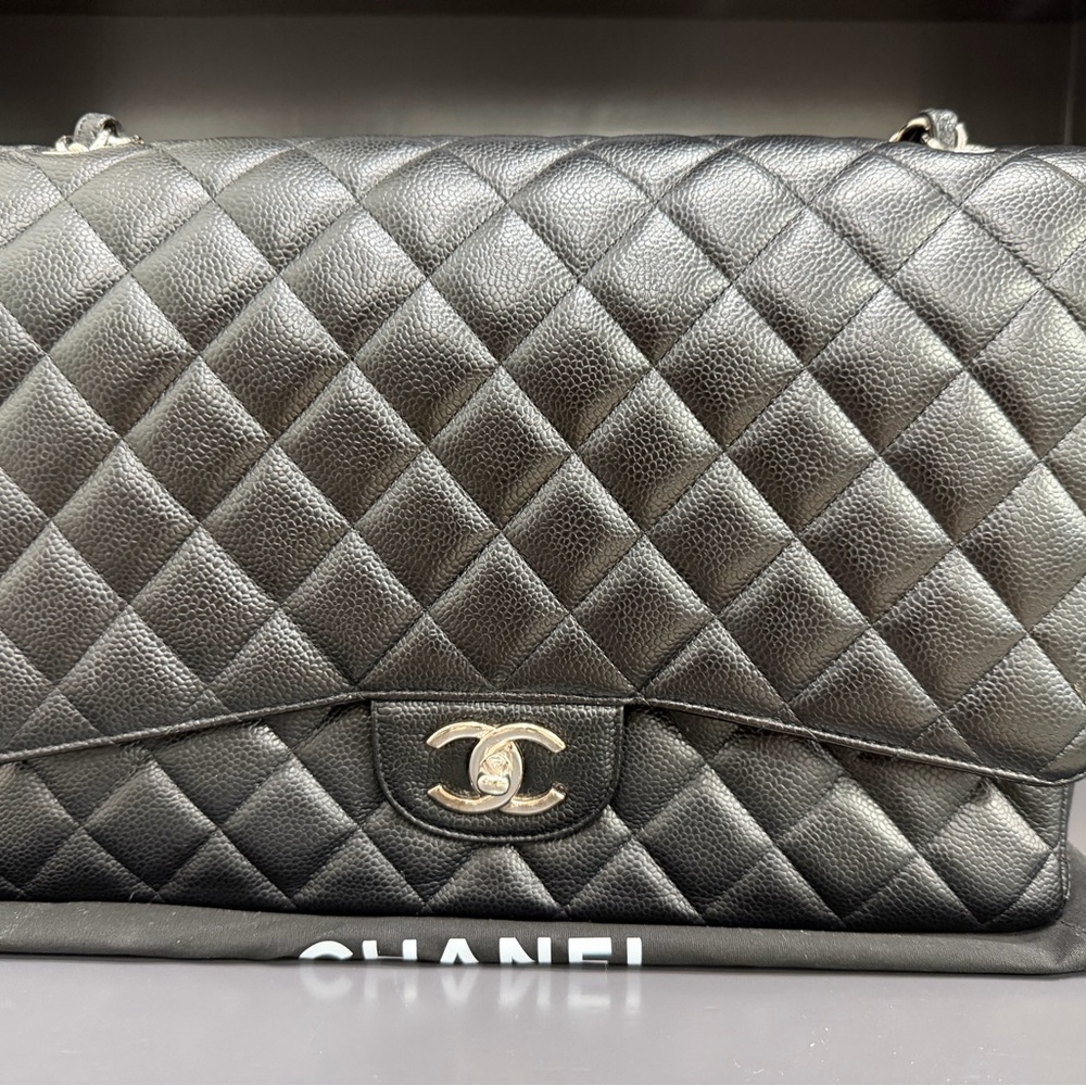 Authentic Chanel Maxi Classic Double Flap Bag – Black Caviar Leather | Silver HW